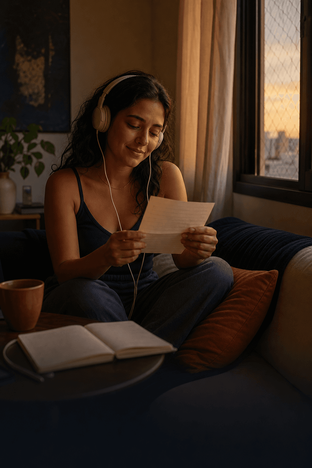 Amanda ouvindo uma música personalizada com fones enquanto lê uma carta perto da janela